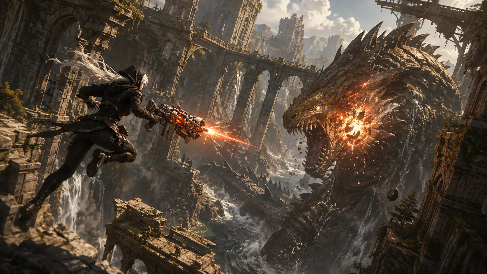 Vaessa battling a colossal creature across ruined bridges and waterfalls