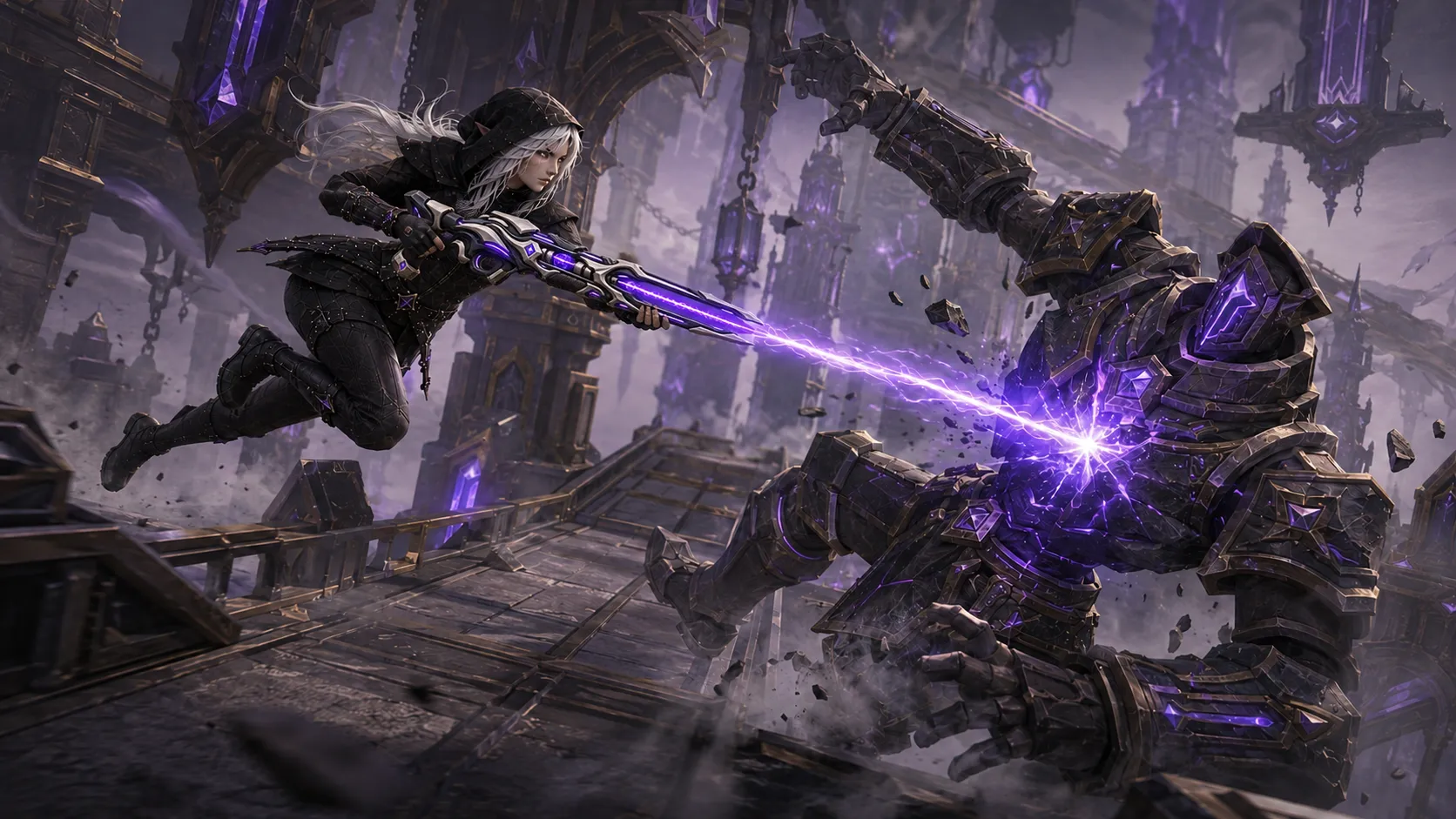 Vaessa attacking a towering arcane construct in ruined infrastructure