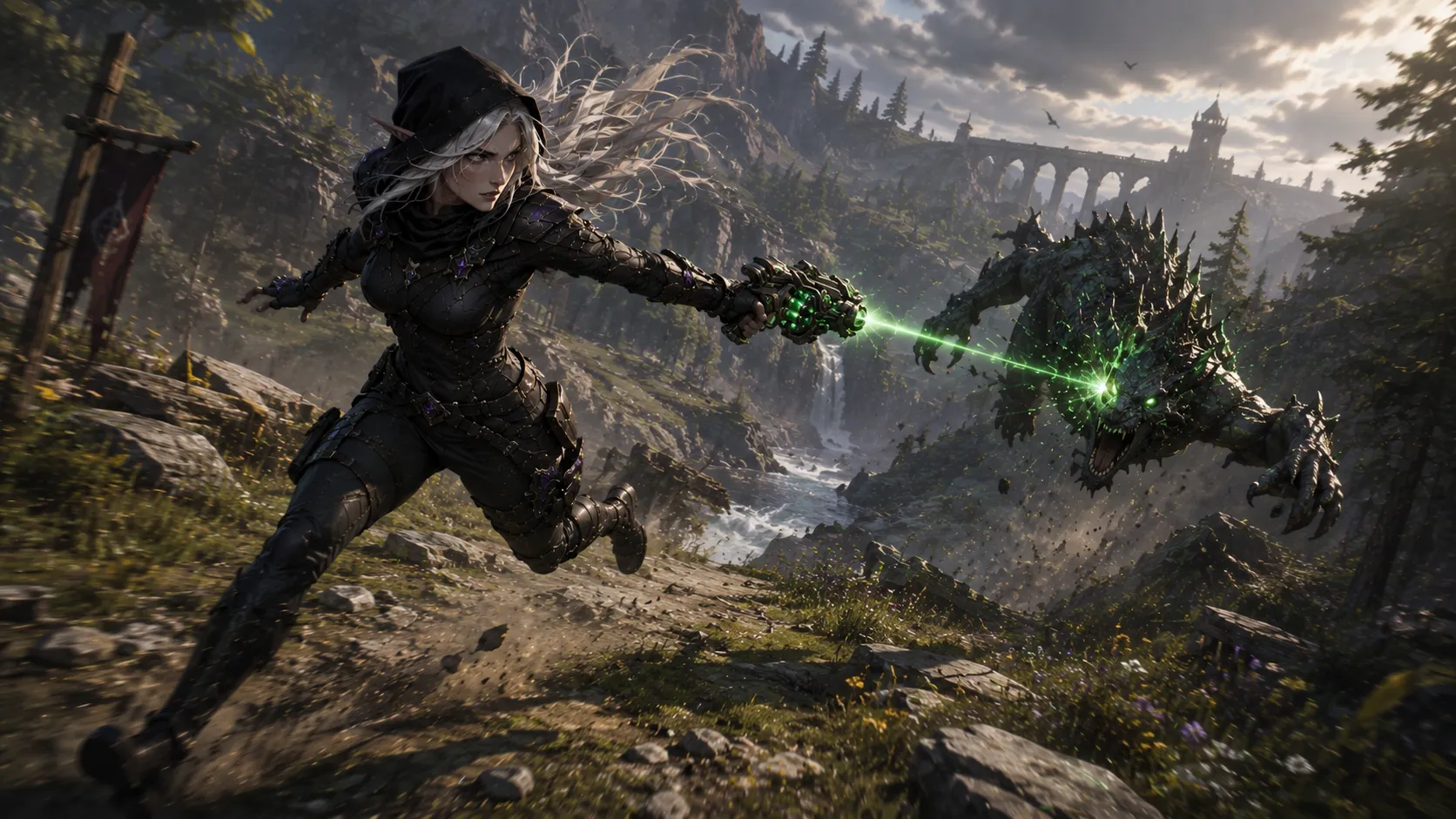 Vaessa fighting a magical predator while moving through a mountain valley