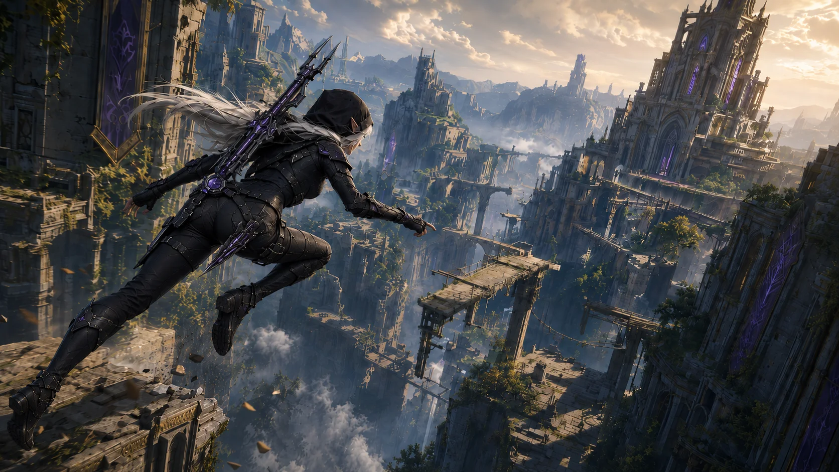 Vaessa leaping into a vast ruined city of bridges, towers, and possible routes