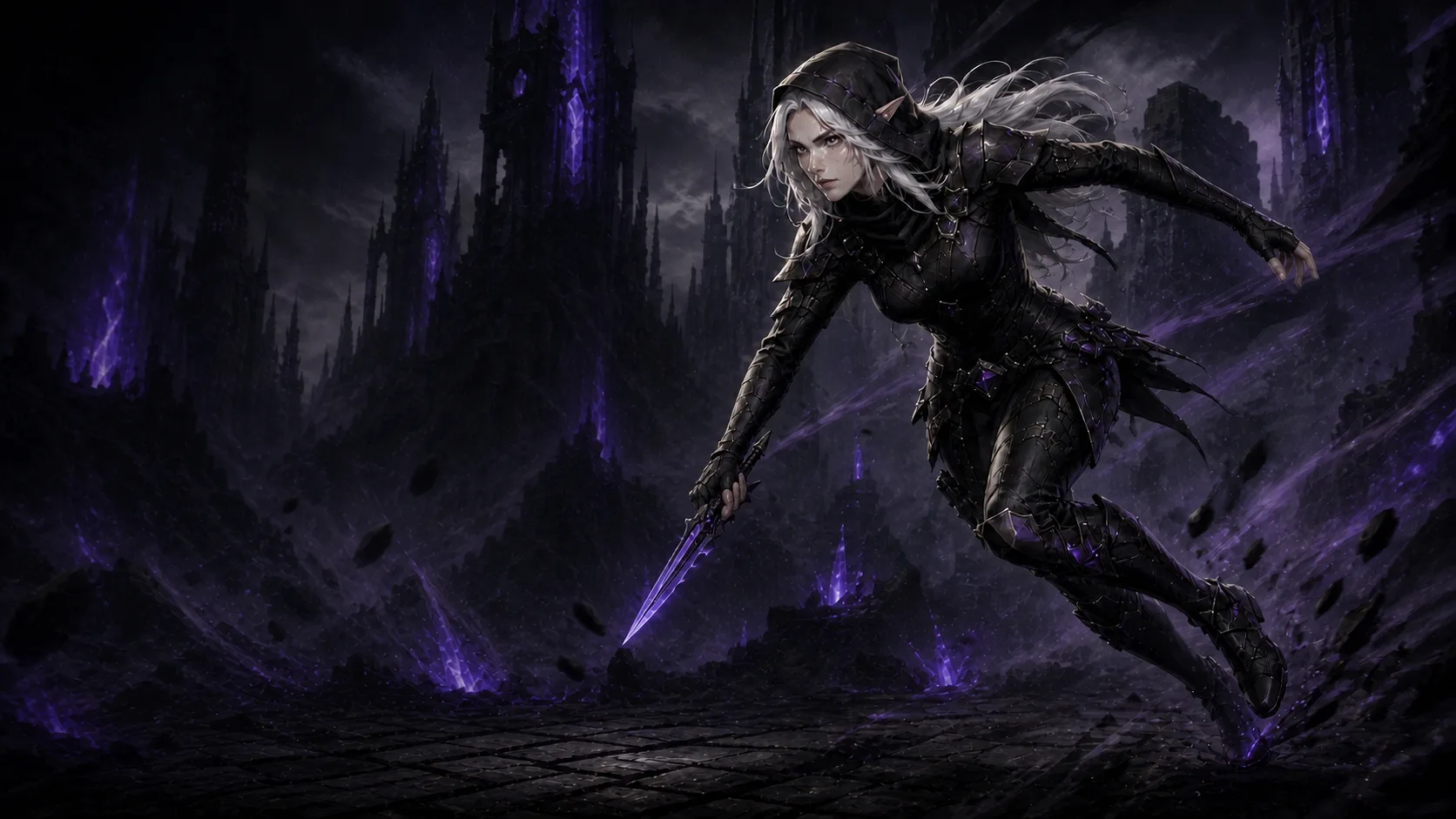 Vaessa bounding through a ruined arcane city with a dagger in hand