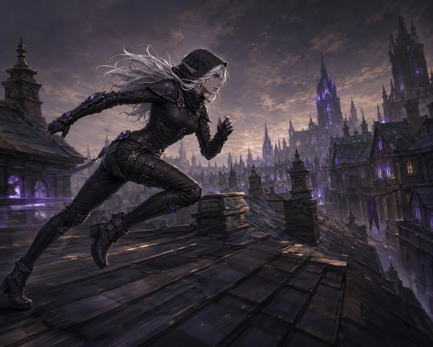 Vaessa building speed across the rooftops of an arcane city
